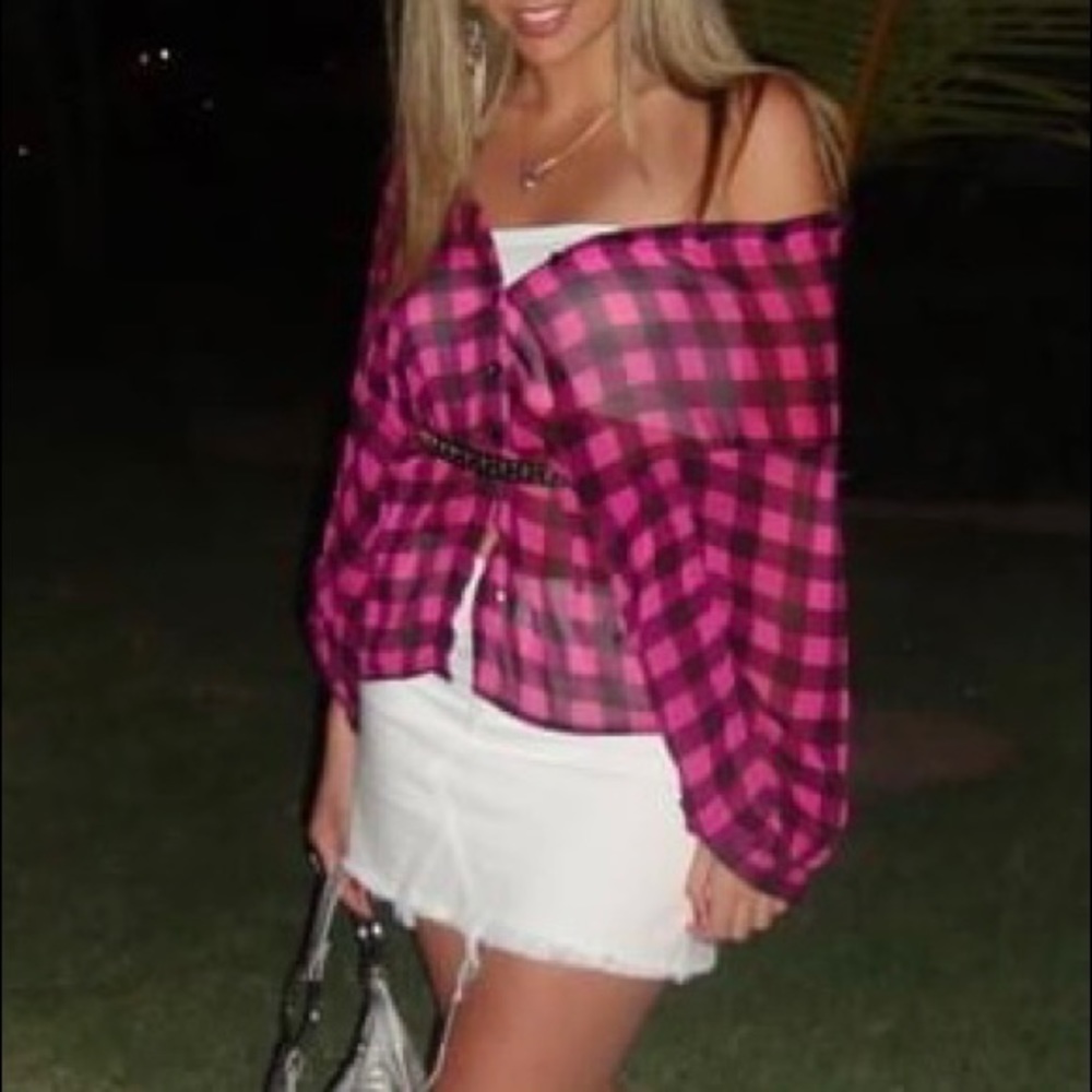 🍒3/$45🍒 ~ Pink plaid sheer blouse